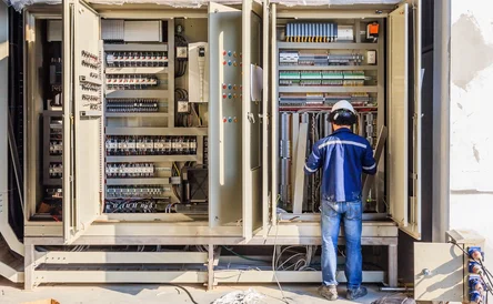 Instrument technician on the job check wiring on PLC cabinet