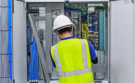 Electrician with a screwdriver macro connect wires on the background of electrical cabinet with relays and terminal blocks.