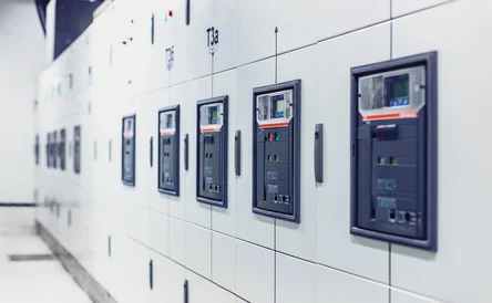 Electrical switchgear, Industrial electrical switch panel. Equipments, pipes in a modern thermal power plant