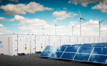 Concept of energy storage system. Renewable energy power plants - photovoltaics, wind turbine farm and battery container. 3d rendering.