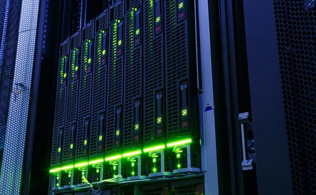 rack with blade behind bars mainframe in the data center