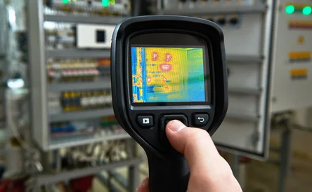 electrician use thermal imaging camera for overheating temperature inspection ща electrical equipment