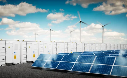 Concept of energy storage system. Renewable energy power plants - photovoltaics, wind turbine farm and  battery container. 3d rendering.