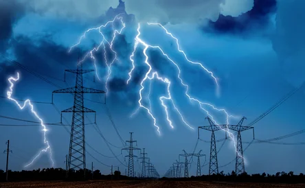 Picturesque lightning storm over field with high voltage towers