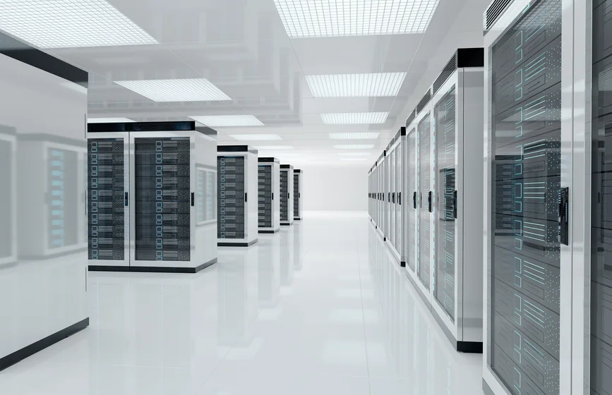 White servers data center room with computers and storage systems 3D rendering